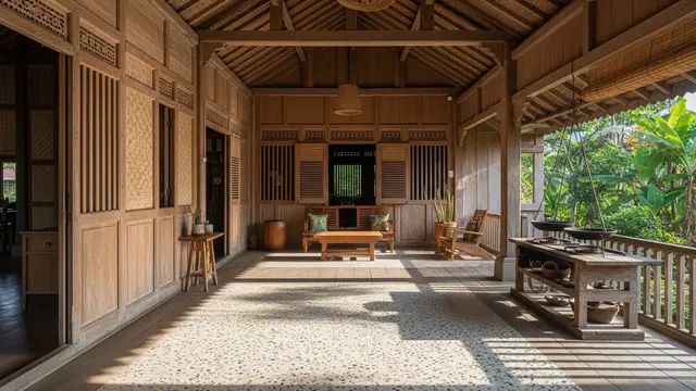 Rumah Desa dengan Kombinasi Kayu Tua dan Lantai Teraso/Gemini AI