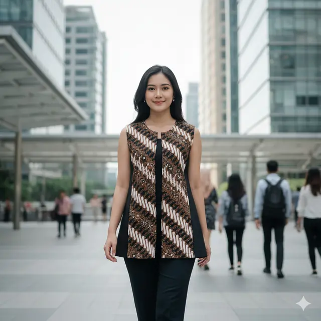 Outer Batik Wanita Motif Kawung Aksen Polos