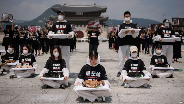 Para aktivis perlindungan hak-hak binatang 'Animal Liberation Wave' dan 'Last Chance for Animals' menunjukkan bangkai anak anjing yang diambil dari peternakan anjing dalam demo menentang perdagangan daging anjing di Seoul, Korea Selatan (17/7) (AFP)