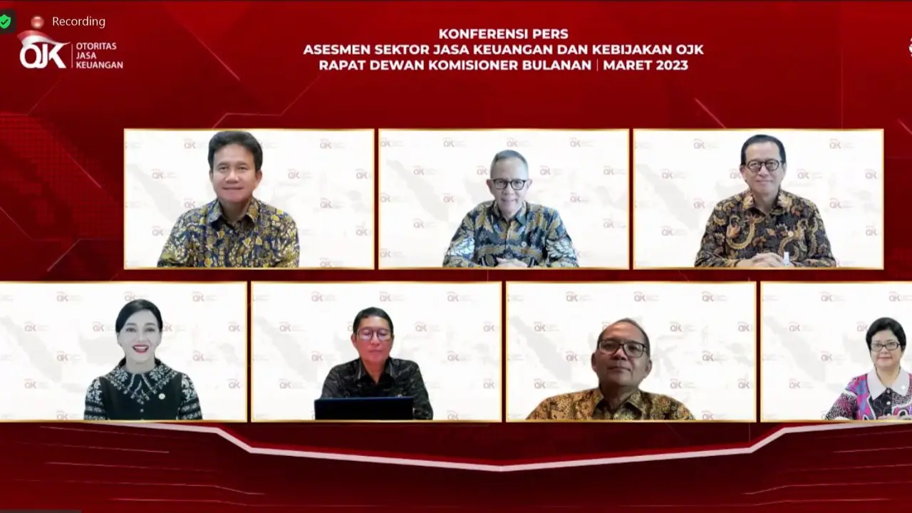 Konferensi pers asesmen sektor jasa keuangan dan kebijakan OJK Rapat Dewan Komisioner Bulanan Maret 2023, Senin, 3 April 2023. (Foto: Liputan6.com/Elga N)