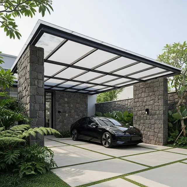Carport dengan Dinding Batu Andesit
