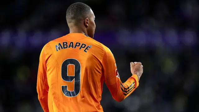 Selebrasi gol Kylian Mbappe pada laga Real Valladolid vs Real Madrid di pekan ke-21 La Liga 2024/2025 (c) AP Photo/Manu Fernandez