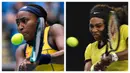 Ekspresi petenis Amerika Serikat, Coco Gauff (kiri) dan Serena Williams saat mengembalikan bola ke arah lawan di turnamen Australia Open. (Foto Kolase: AP Photo/Andy Wong dan AFP/Paul Crock)