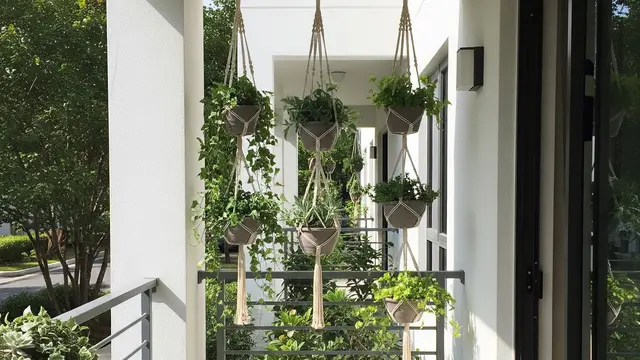 Model Teras Sempit Nuansa Alami dengan Pot Tanaman Gantung (AI)
