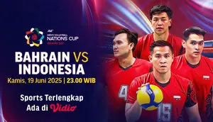 Nonton streaming AVC Men’s Nation Cup 2025 big match Bahrain vs Indonesia di Vidio. Dukung dan nonton perjuan timnas voli putra Indonesia di ajang AVC Men's Nation Cup 2025 hanya di layanan OTT Vidio. (sum. doc. vidio.com)