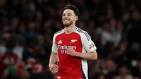 Di babak kedua, pada menit ke-58, Arsenal membuka keunggulan melalui tendangan bebas dari sisi kanan. Tendangan melengkung Declan Rice sempurna menaklukkan penjaga gawang Real Madrid, Thibaut Courtois. (Adrian Dennis/AFP)