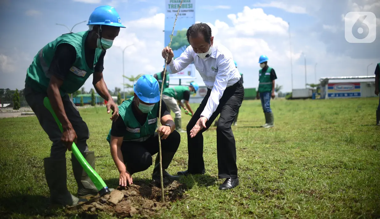 Vice President Director Djarum Foundation FX Supanji, saat menanam pohon trembesi di Jalan Tol Trans Sumatera di Bandar Lampung (8/12/2021). Sebanyak 15.000 pohon trembesi akan tertanam sepanjang 140 km ruas Bakauheni-Terbanggi Besar hingga 2022. (Liputan6.com/HO/Andrey)