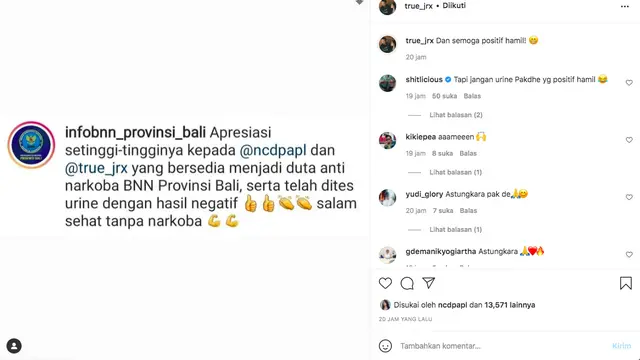 Jerinx SID dan Nora Alexandra Jadi Duta Anti Narkoba BNN Bali. (instagram.com/true_jrx)