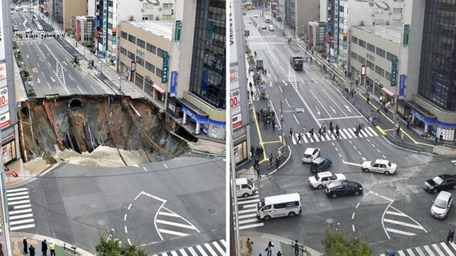 Sinkhole Jepang yang sudah diperbaiki (kanan). (The Guardian)