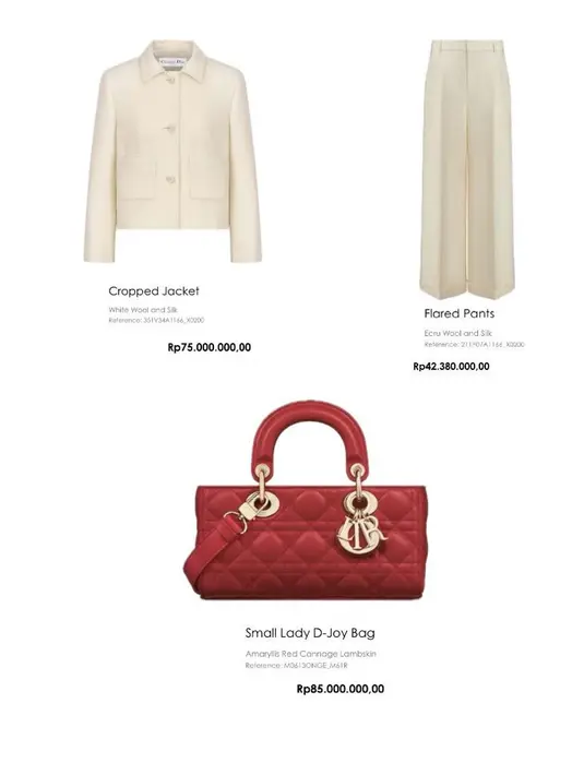 Lisa mengenakan wool & silk cropped jacket seharga Rp75 juta yang dipadukan wool & silk flared pants seharga Rp42  juta. Penampilannya dipermanis dengan tas Small Lady D-Joy Bag yang ditaksir dengan harga Rp85 juta. [Dok/Dior]