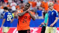 Pemain Belanda, Crysencio Summerville, merayakan gol kelima timnya dalam pertandingan Grup F Piala Dunia 2026 melawan Swedia di Houston, Minggu (21/6/2026). (AP Photo/Ashley Landis)