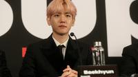 Baekhyun saat sesi konferensi pers di Capitol Records Studio di Hollywood, California (3/10/2019). (Getty Images via AFP/Gabriel Olsen)
