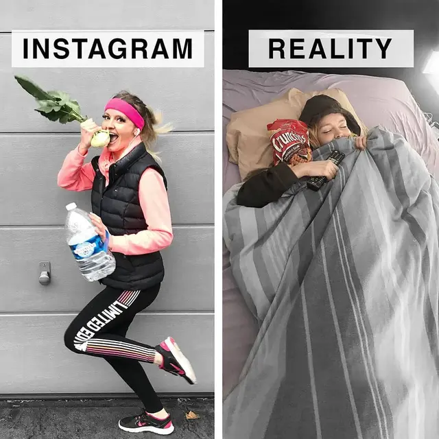 Foto Perbedaan Kehidupan Nyata Vs Media Sosial (sumber: instagram/geraldinewest_)