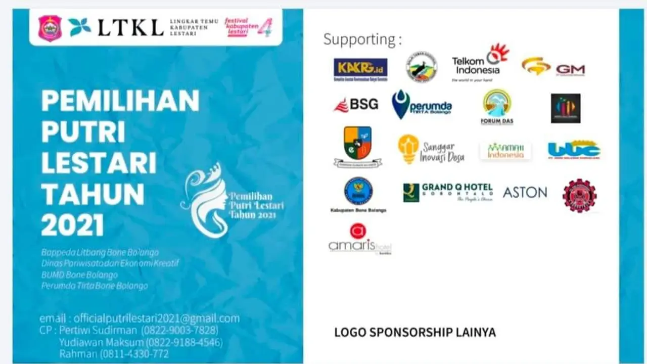 E-Flyer Pemilihan Putri Lestari yang masih menjadi rangkaian LTKL yang mencamtumkan logo PT. Gorontalo Mineral (GM) (Arfandi Ibrahim/Liputan6.com)