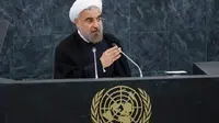 Presiden Iran Hassan Rouhani saat menyampaikan pidato di hadapan Sidang Majelis Umum PBB (AFP)