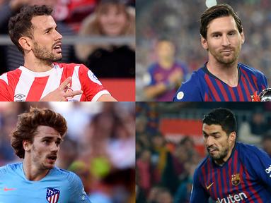 Lionel Messi semakin memperkokoh posisinya di puncak raihan pencetak gol terbanyak La Liga Spanyol. Kini penyerang Argentina tersebut berselisih sembilan gol dari Luis Suarez di peringkat kedua. (Kolase Foto AFP)