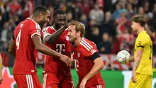 Pemain Bayern Munchen,Harry Kane (tengah), merayakan golnya ke gawang Bodo/Glimt dalam laga matchday pertama Liga Champions 2026/2027, Jumat (11/9/2026). Bayern Munchen menang telak 5-0 dalam pertandingan tersebut. (AP Photo/Lennart Preiss)