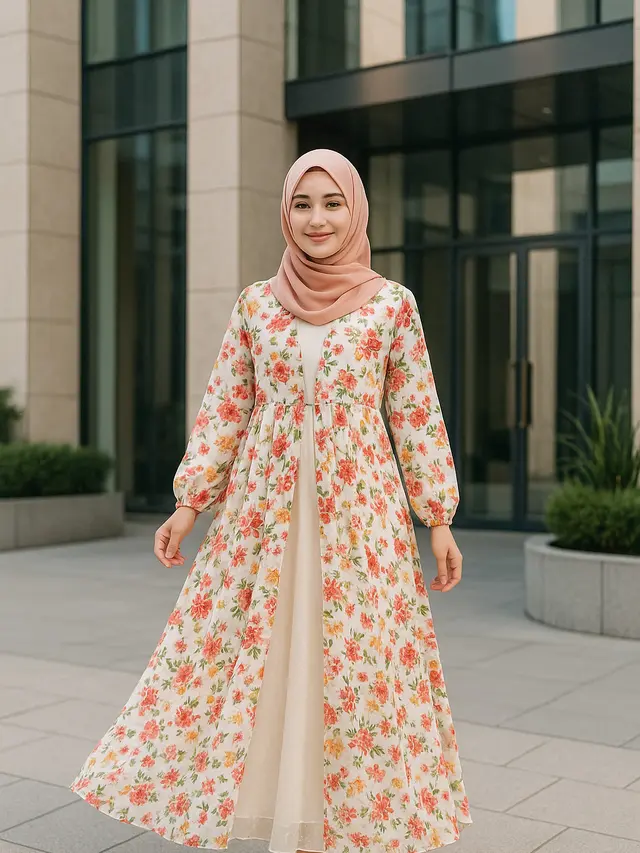Model Gamis dengan Outer Motif Bunga