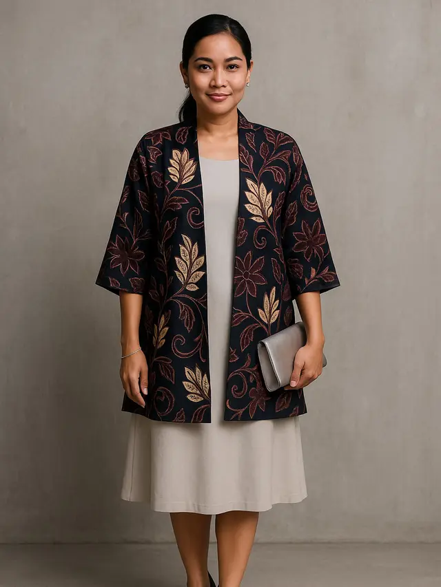Outer Batik Panjang dengan Dress Polos untuk Kondangan Outdoor (Foto: Chat GPT)