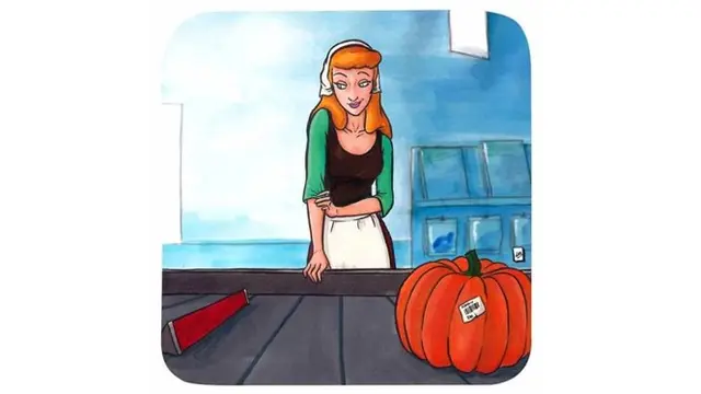 Cinderella saat di supermarket belanja labu untuk dimasak di rumah. Semoga labunyatidak disulap jadi kereta kuda oleh ibu peri.