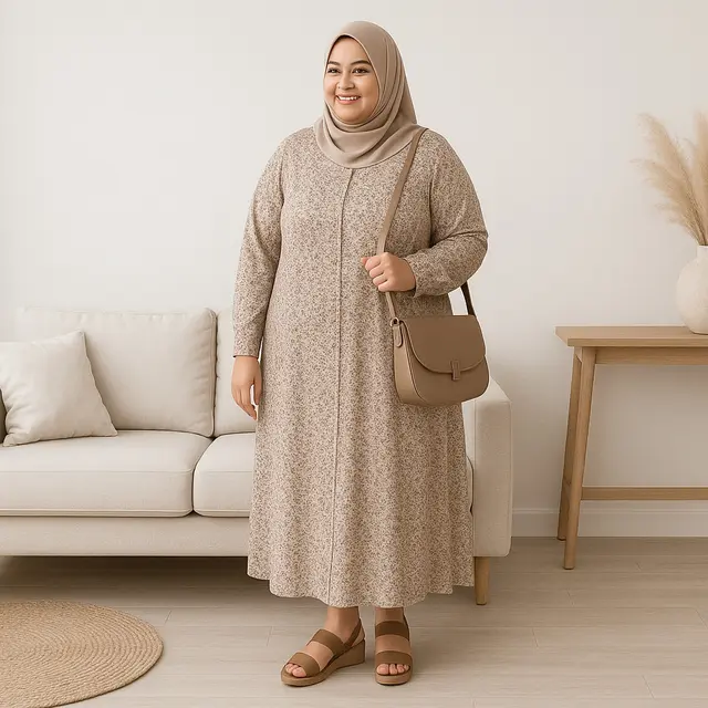 Inspirasi Model Gamis Motif Kecil Terbaru untuk Ibu Ibu Gemuk/via ChatGPT