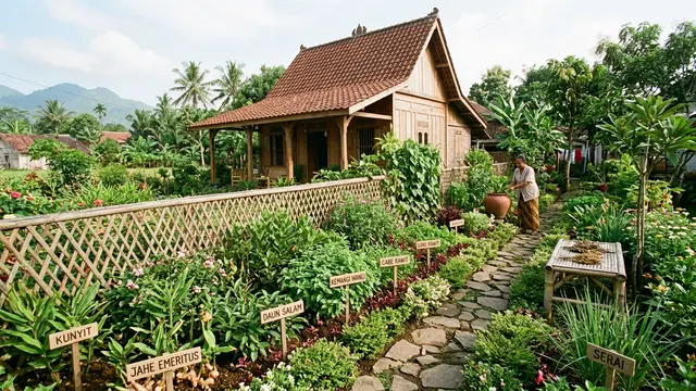 Rumah Desa dengan Taman Depan dan Kebun Bumbu Memanjang di Tepi Pagar (AI Generated)