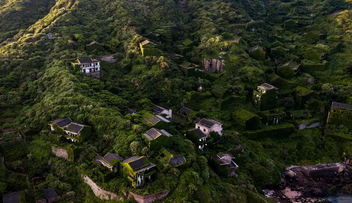 Kondisi sejumlah rumah yang ditutupi tumbuhan di Houtouwan di pulau Shengshan, provinsi Zhejiang, China (1/6). Lama tak berpenghuni, rumah dan bangunan di Houtouwan tampak tertelan hijaunya tanaman merambat. (AFP/Johannes Eisele)