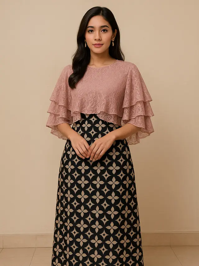 10 Model Long Dress Batik Kombinasi Brokat Lengan Cape Layer Tiga Lapis, Simpel dan Elegan untuk Acara Resmi