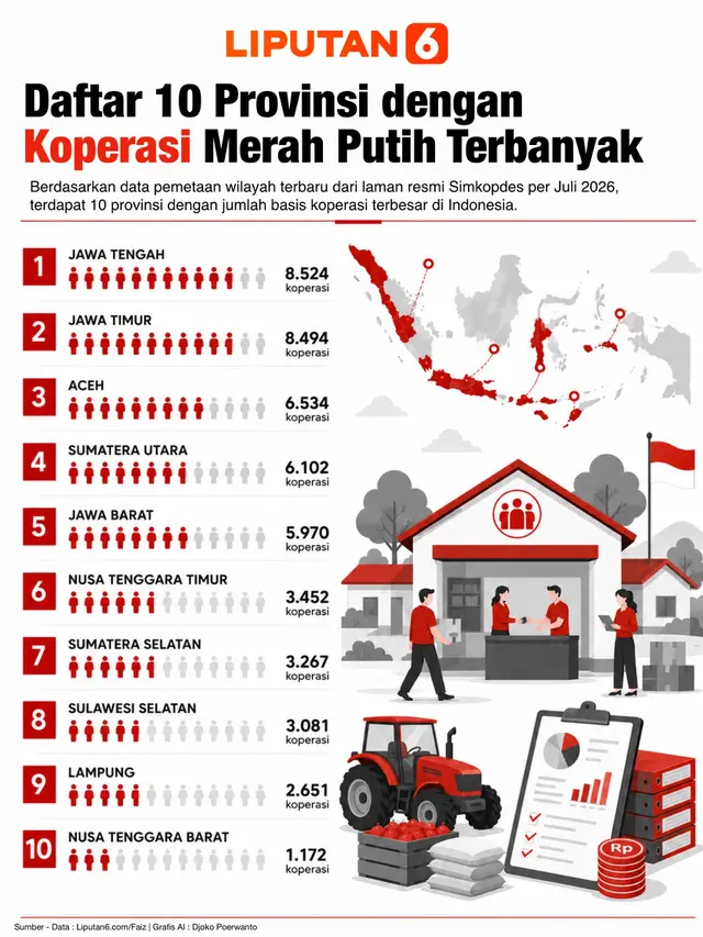 Infografis 10 Provinsi dengan Koperasi Merah Putih Terbanyak. (Liputan6.com/Djoko Poerwanto)