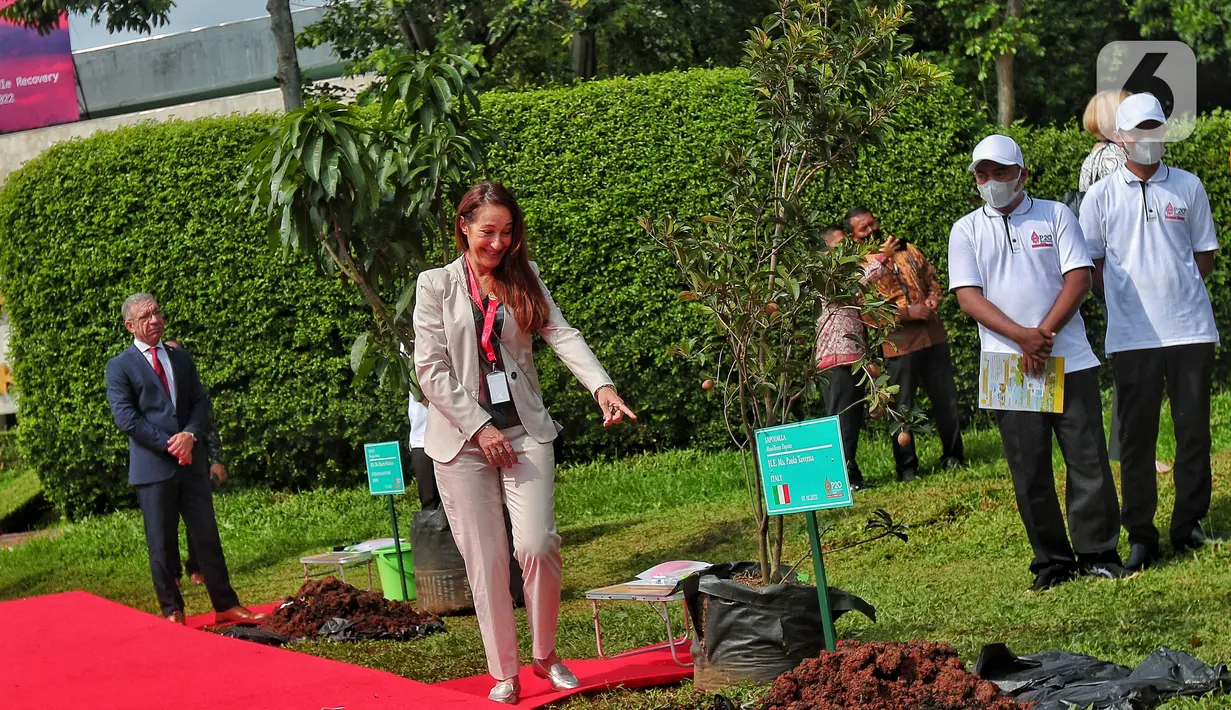 Delegasi Parlemen Italia Paola Taverna melakukan penanaman pohon bersama para delegasi yang hadir pada acara P20 di Taman Energi, Kompleks Parlemen MPR/DPR-DPD, Senayan, Jakarta, Jumat (7/10/2022). Penanaman pohon ini merupakan rangkaian The 8th G20 Parliamentary Speakers’ Summit (P20) yang hari ini merupakan penutupan. (Liputan6.com/Angga Yuniar)
