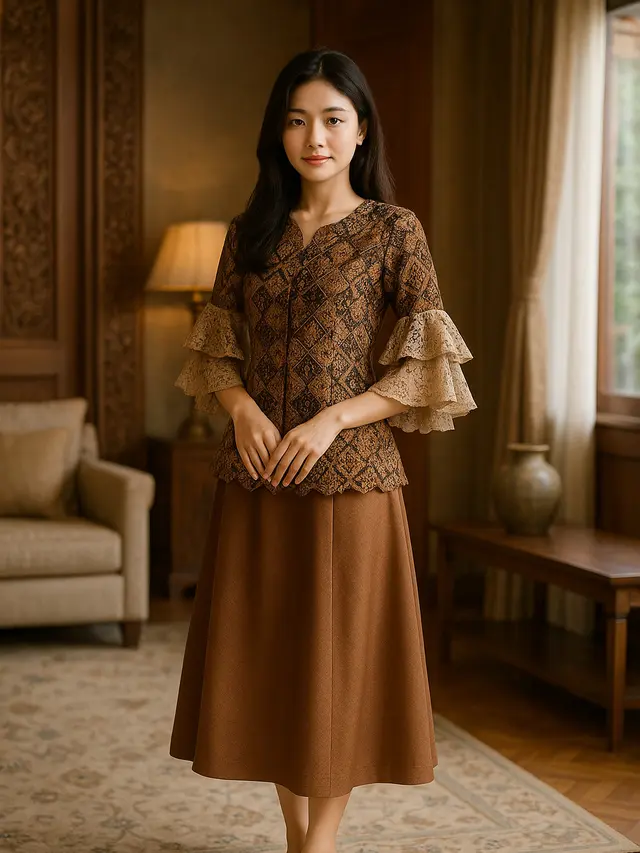 Model Batik Brokat Kombinasi Lengan Pagoda Tiga Lapis