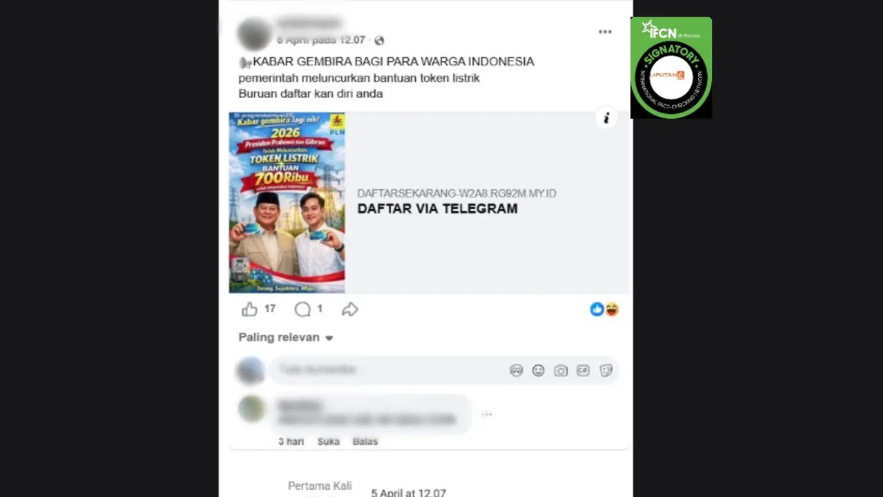 Cek Fakta Liputan6.com mendapati klaim link pendaftaran bantuan token listrik dari Presiden Prabowo Subianto dan Wakil Presiden Gibran Rakabuming Raka.