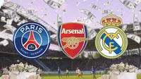 Ilustrasi - Logo PSG, Arsenal, dan Real Madrid dengan Hujan Uang (Bola.com/Adreanus Titus)