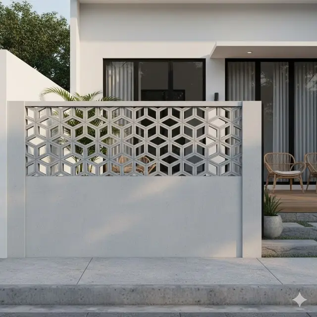 Pagar Beton dengan Kisi-Kisi (Roster) Geometris