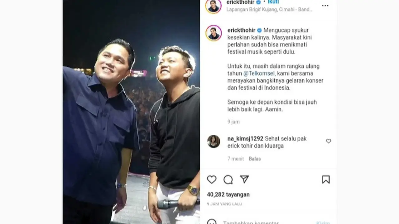 Menteri Badan Usaha Milik Negara (BUMN) Erick Thohir membagikan momen spesial. Kini, ia terlihat manggung bersama penyanyi Denny Caknan.