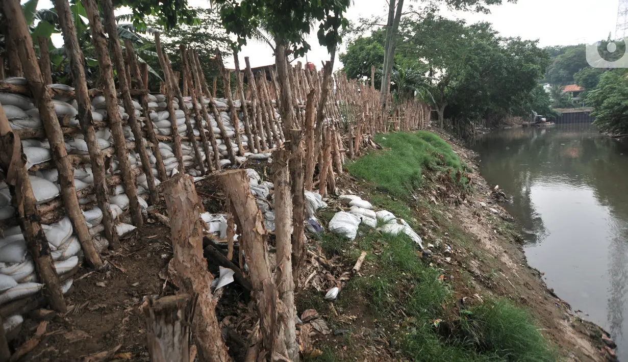 Tanggul dari kayu dan karung pasir dibangun di bantaran Sungai Ciliwung, Rawajati, Pancoran, Jakarta, Senin (11/11/2019). Tanggul dengan panjang 300 meter dan tinggi 1,5 meter itu diharapkan bisa membentengi permukiman warga dari luapan Sungai Ciliwung saat musim hujan. (merdeka.com/Iqbal Nugroho)