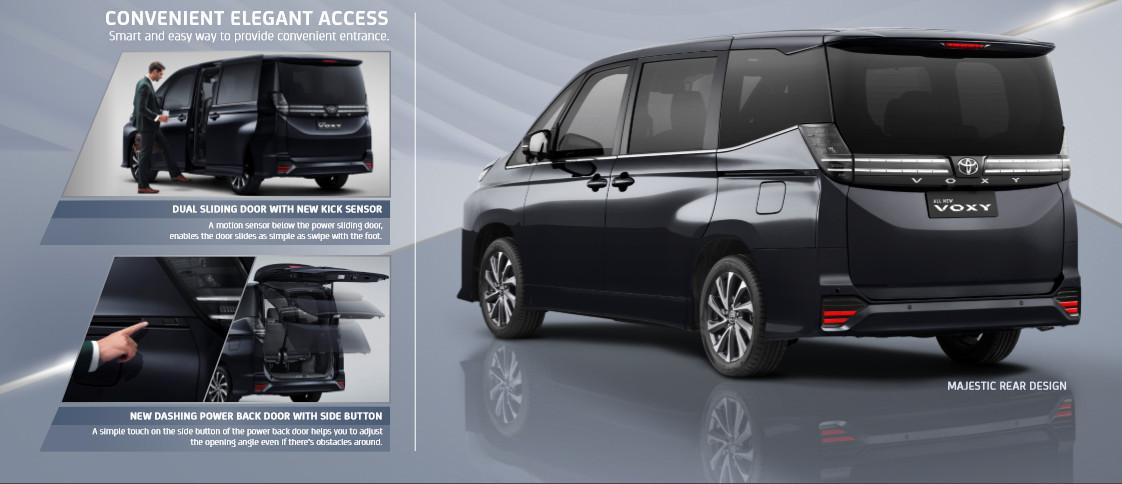 Sisi belakang All New Toyota Voxy dan ilustrasi penggunaan pintu bagasi otomatis (TAM)