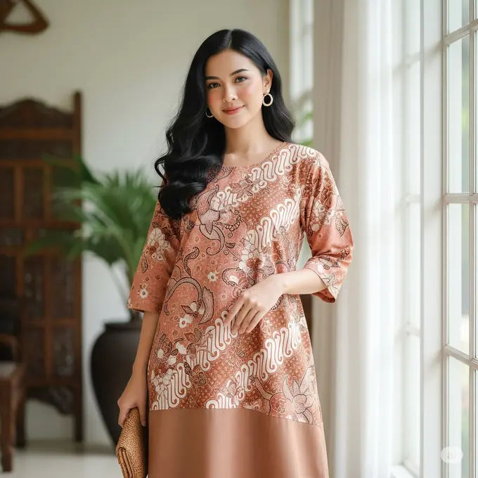 Tunik Batik Panjang Kombinasi Polos