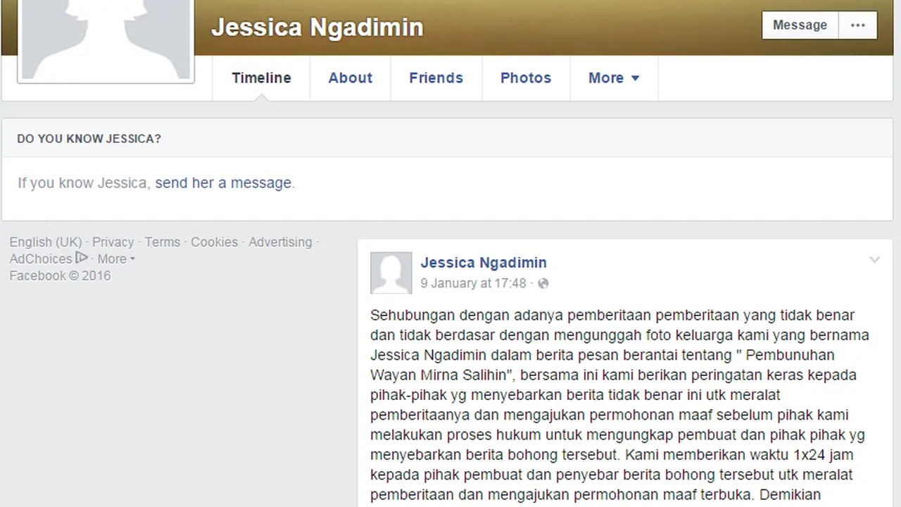 Pembunuhan Wayan Mirna, Jessica Ngadimin Akhirnya Buka Suara