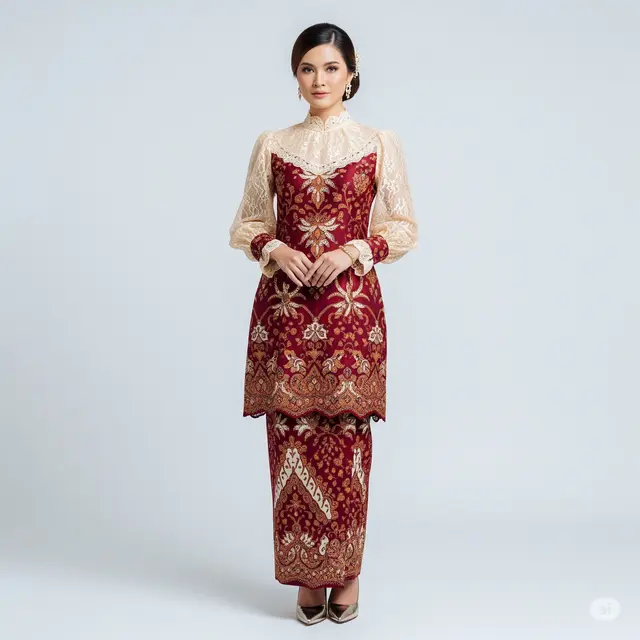 Model Batik Long Dress Kombinasi Brokat Lengan Puff.