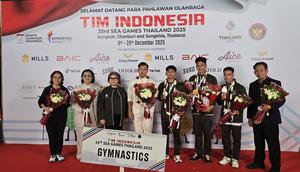 Abiyurafi dan pesenam Indonesia lainnya tiba di Indonesia usai berprestasi di SEA Games 2025