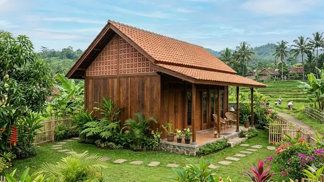 Inspirasi Rumah Desa Kombinasi Kayu dan Roster agar Lebih Adem
