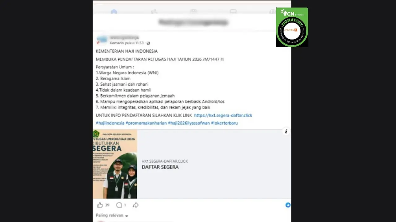 Cek Fakta Liputan6.com mendapati klaim link pendaftaran petugas haji 2026 yang digelar Kementerian Haji