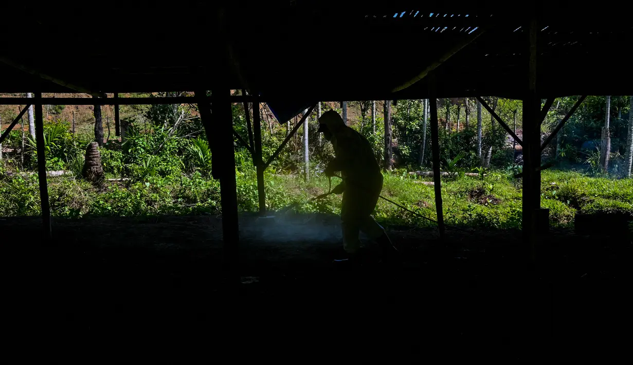 Seorang petugas pemerintah mensterilkan peternakan unggas untuk mencegah penyebaran flu burung di Darul Imarah, Kabupaten Aceh Besar, Provinsi Aceh, Kamis (2/32023). Dinas Peternakan Provinsi Aceh melakukan disinfektan, pemeriksaan kesehatan, dan monitoring ke sejumlah usaha peternak unggas dalam upaya pencegahan flu burung. (CHAIDEER MAHYUDDIN/AFP)