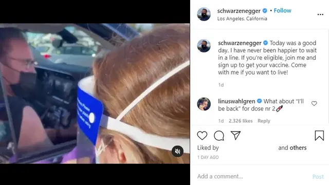 Arnold Schwarzenegger saat menerima vaksin. (tangkapan layar Instagram/ schwarzenegger)