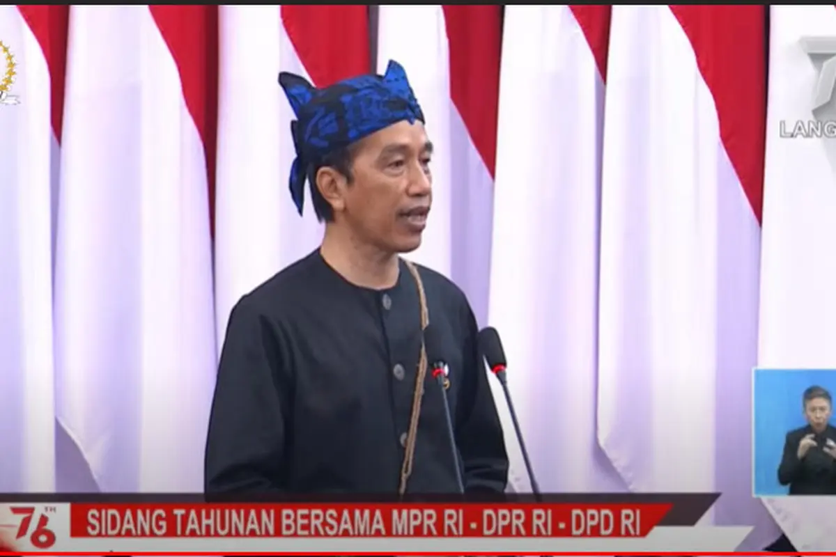 Presiden Joko Widodo atau Jokowi dalam Pidato Kenegaraan Presiden pada Sidang Tahunan MPR 2021, Senin (16/8/2021).