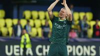 Selebrasi Erling Haaland setelah laga Liga Champions antara Villarreal dan Manchester City di Spanyol, 21 Oktober 2025. (AP Photo/Alberto Saiz)