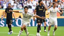 Ekspresi penyerang Real Madrid, Gonzalo Garcia, saat tandukannya berbuah gol ke gawang Juventus dalam laga 16 besar Piala Dunia Antarklub 2025 di Hard Rock Stadium, Miami, Rabu (2/7/2025) dini hari WIB. Real Madrid menang 1-0 atas Juventus untuk lolos ke perempat final. (Patricia DE MELO MOREIRA / AFP)