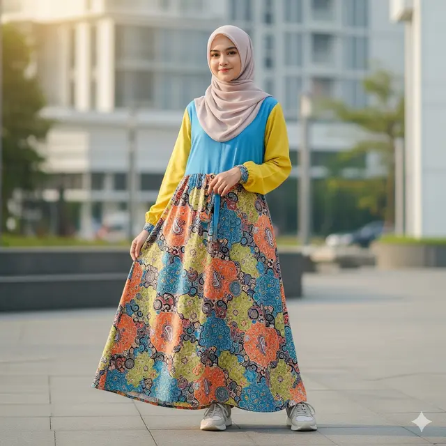 Gamis Batik Kombinasi Polos untuk Remaja