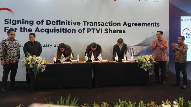 Penandatanganan kesepakatan divestasi saham PT Vale Indonesia Tbk (INCO), di Hotel Pullman, Jakarta, Senin (26/2/2024). (Foto: Liputan6.com/Arief RH)